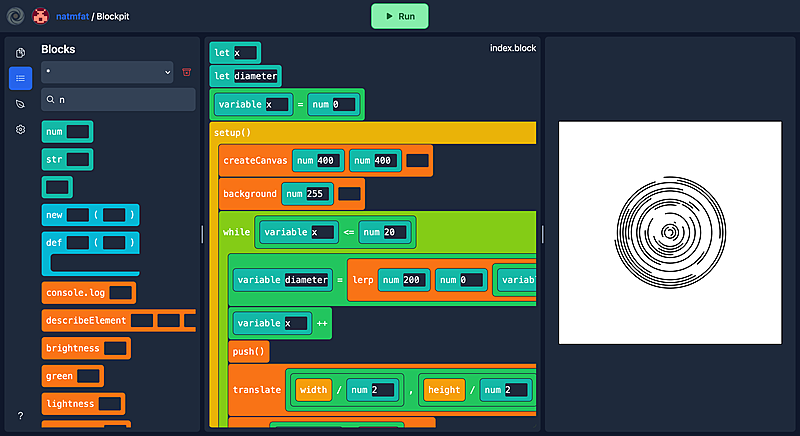 Using a template (in dark mode), blockpit v1