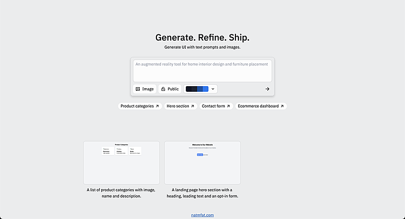 A textbook with a pre-filled prompt to create AI-generated user interfaces, as well as a few sample generations below.
